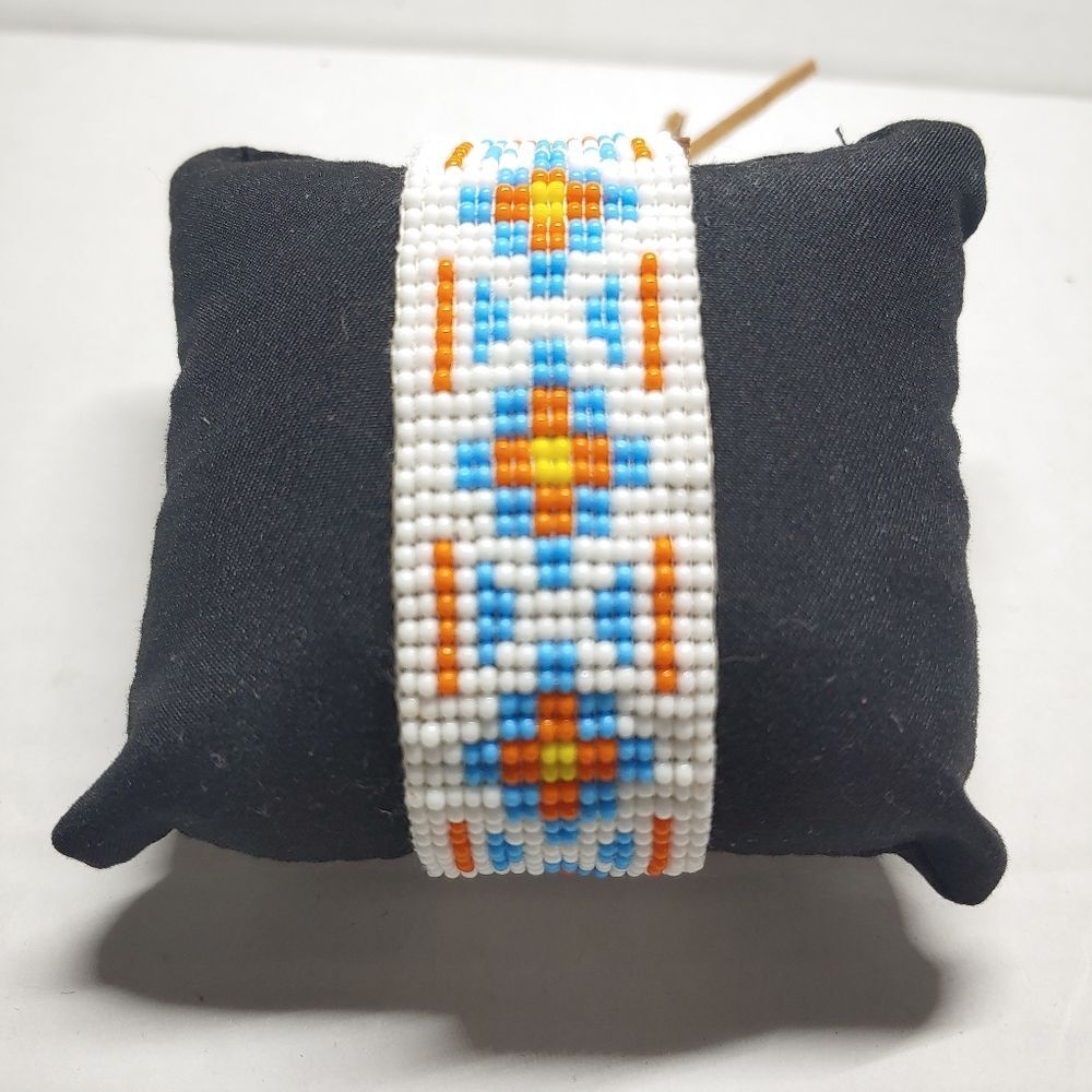 Loom Beaded Bracelet White, Orange and Light Blue
